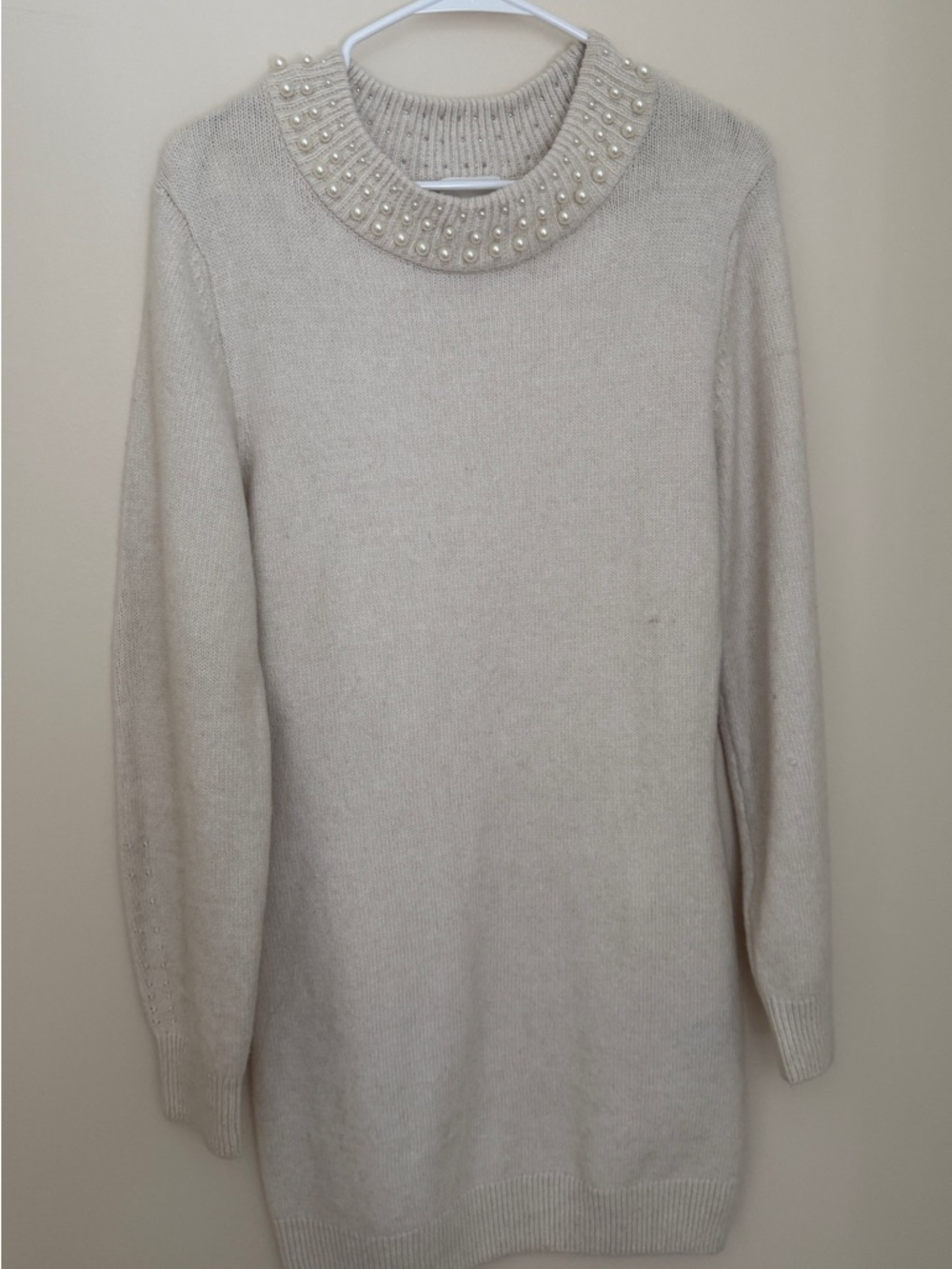 H&M Cream V-Neck Sweater Dress with Pearl Trim